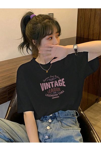 Know Tricou oversize pentru femei cu imprimeu vintage negru din 1990