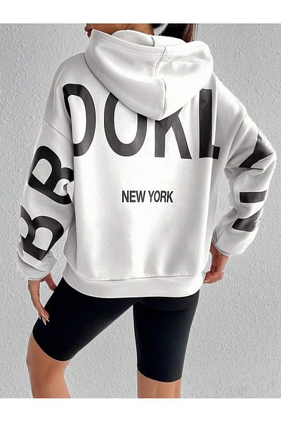 Know Women's White Sleeves Brooklyn New York Printed Oversize Hooded Sweatshirt Hoodie