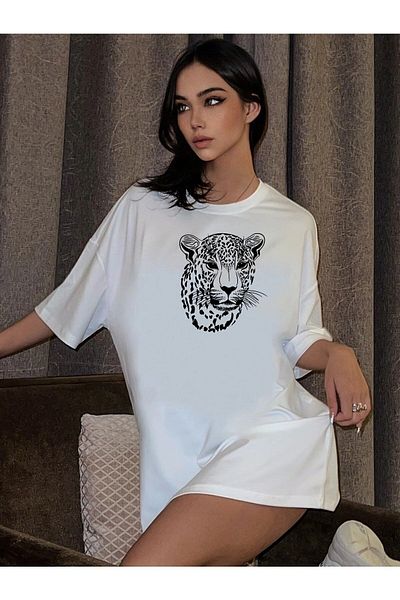 Know Tricou oversize cu imprimeu cu figuri de leopard alb de damă