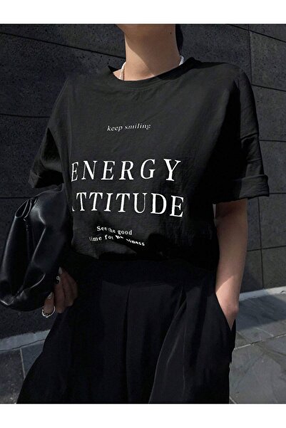 Know Dámské černé tričko Energy Attitude s potiskem oversize