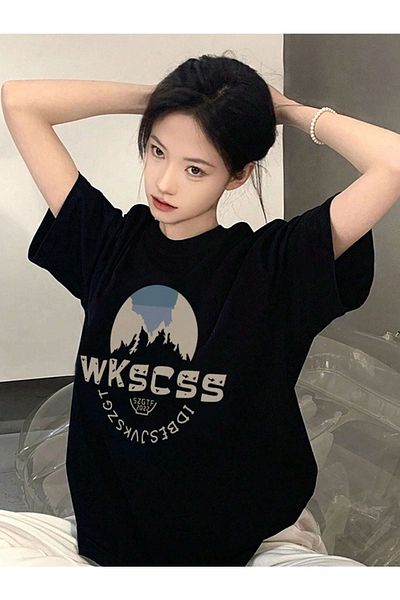 Know Tricou oversize cu imprimeu Wkscss negru de damă