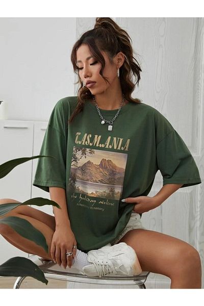 Know Marineblaues, bedrucktes Oversize-T-Shirt „Tasmania“ für Damen