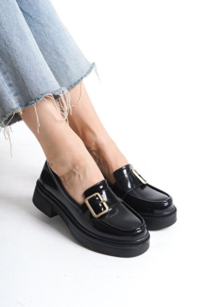Diardi Kadın Siyah Rengi Rugan Günlük Loafer Kısa Topuklu Ayakkabı