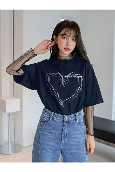 Know Női csíkos figura szív sötétkék póló Nyomtatott ünnep