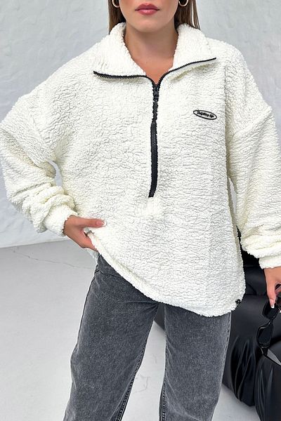 Know Women's 3 Thread Ecru Fulfilling Life Printed Oversize Half Zip Soft Textured Plush Sweatshirt