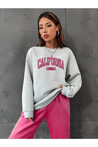 Know Női 3 szálas szürke, rózsaszín kaliforniai 1991-es nyomtatott, túlméretezett alsó felső tréningruha szett