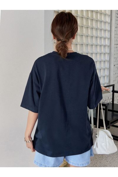 Know Women's Navy Blue Boundless Printed Oversize Tshirt