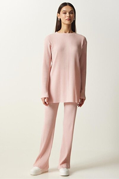 Know Női púder rózsaszín zsinóros kötött blúz nadrág szett