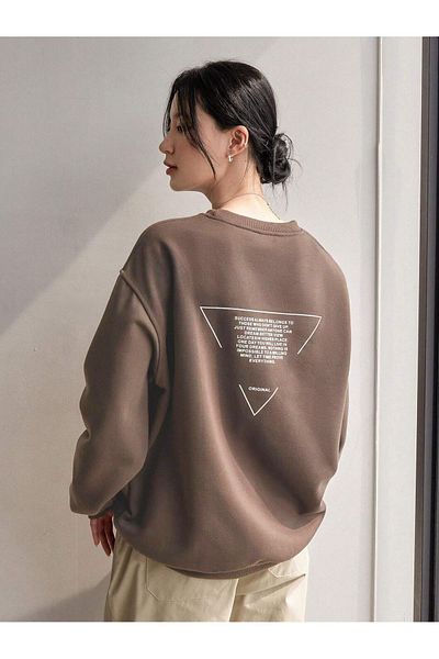 Know Damska bluza oversize z nadrukiem i nadrukiem w kolorze kawy mlecznej z okrągłym dekoltem