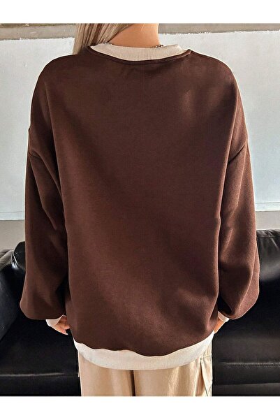 Know Women's 3 Thread Brown California Printed Crew Neck Beige Collar Detail Oversize Sweatshirt