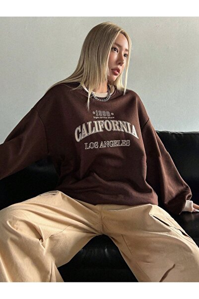 Know Women's 3 Thread Brown California Printed Crew Neck Beige Collar Detail Oversize Sweatshirt