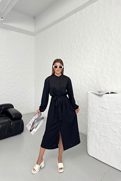 Know Μαύρο βαμβακερό τσακισμένο φόρεμα - Γυναικείο