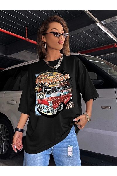 Know Schwarzes, bedrucktes Oversize-T-Shirt für Damen von Compeltition