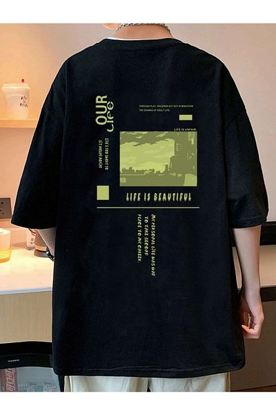 Know Unisex Μαύρο μπλουζάκι με στάμπα Oversize Our Life
