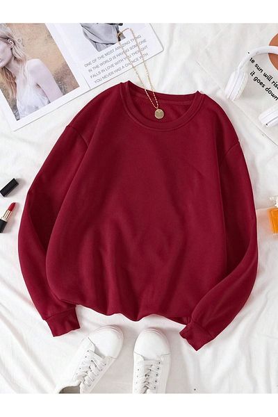 Know Damen-Sweatshirt mit 3 Fäden in Weinrot, einfarbig, Rundhalsausschnitt