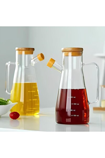 Amentes Vacuum Borosilicate Set of 2 with Bamboo Lid, 1 Glass Oil Vinegar and 1 Bamboo Base