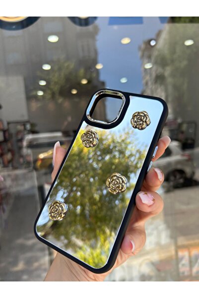 OVADA İphone 14 Pro Uyumlu Kamera Koruma Çerçeveli Aynalı Gold Çiçek Detaylı Silikon Kılıf