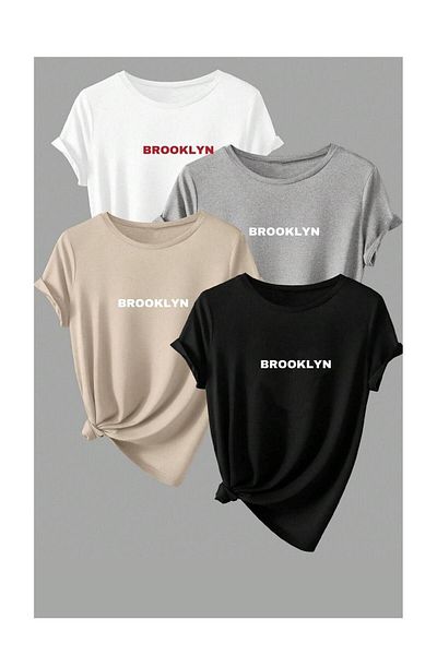 Know Μπλουζάκι Unisex 4 Πακέτο Brooklyn με στάμπα υπερμεγέθη λευκό γκρι μπεζ μαύρο