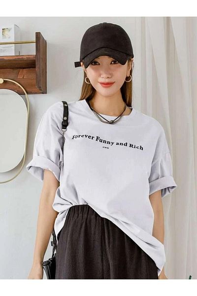 Know Women's White Funny And Rich Printed Oversize T-Shirt