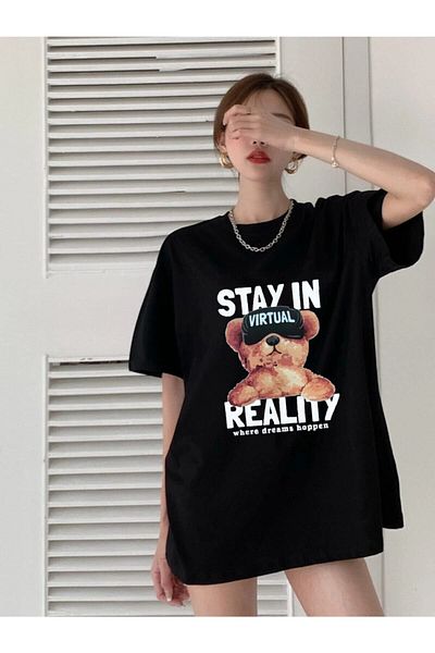 Know Tricou negru pentru femei Stay In imprimat oversize