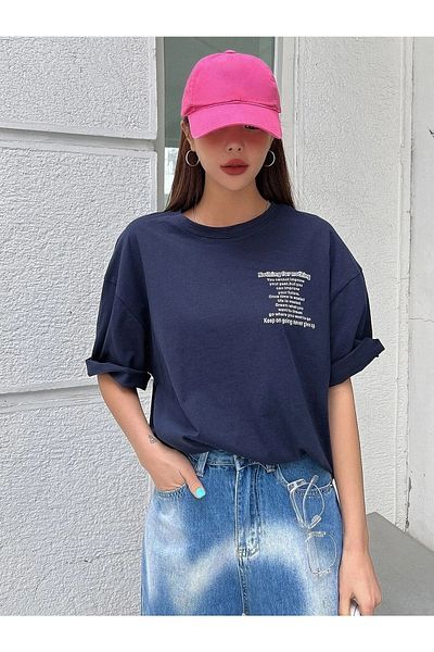 Know Women's Navy Blue Nothing For Nothing Printed Oversize T-shirt