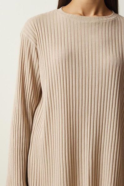 Know Women's Beige Corded Knitted Blouse Trousers Set