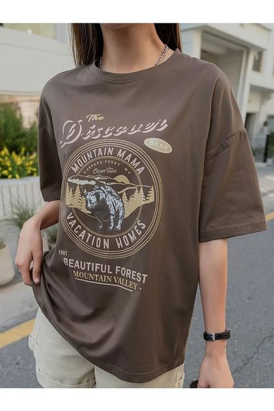 Know Γυναικείο μπλουζάκι καφέ The Discover με στάμπα Oversize