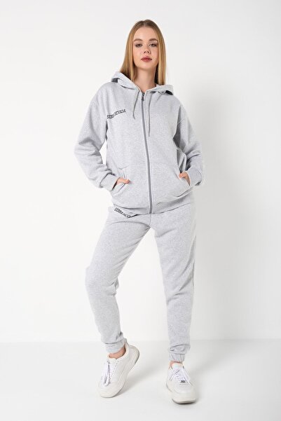Know Women's 3 Thread Gray Sierra Nevada Printed Cardigan Jogger Oversize Tracksuit Set