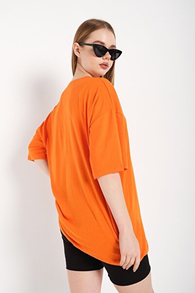 Know Women's Orange Cactus Logo Printed Oversize T-shirt