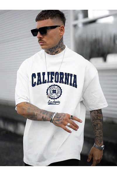 Know Men's White California United State 91 Printed Oversize T-Shirt