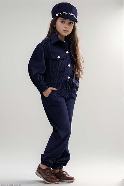 Riccotarz Navy Blue Velvet Jumpsuit - Girl, Shirt Collar, Elastic Waist, Snap Button Detail