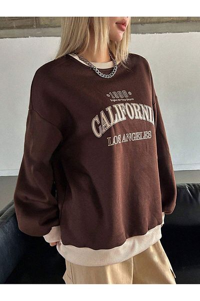 Know Dámská hnědá kalifornská mikina oversize s 3 vlákny a béžovým výstřihem s výstřihem a detailem límce