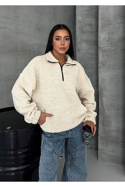 Know Dámská 3-vláknová béžová obyčejná oversize mikina s polovičním zipem s měkkou texturou