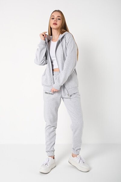 Know Women's 3 Thread Gray Sierra Nevada Printed Cardigan Jogger Oversize Tracksuit Set