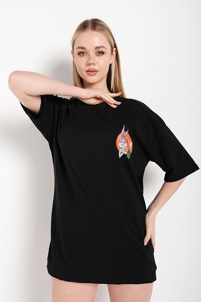 Know Bugs Bunny Printed Black Oversize T-Shirt