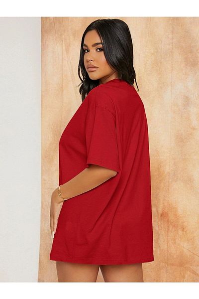 Know Tricou oversize cu imprimeu roșu Overthinking de damă