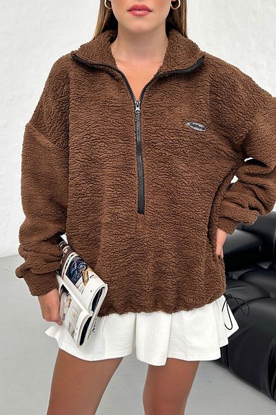 Know Women's 3 Thread Coffee Fulfilling Life Printed Oversize Half Zip Soft Textured Plush Sweatshirt