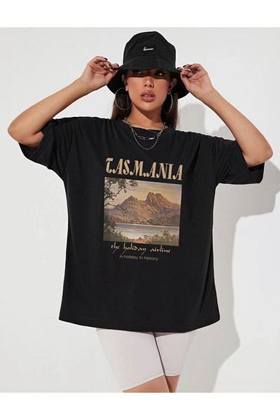 Know Tricou oversize cu imprimeu Tasmania negru de damă