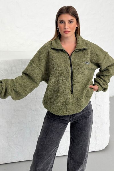 Know Women's 3 Thread Khaki Fulfilling Life Printed Oversize Half Zip Soft Textured Plush Sweatshirt