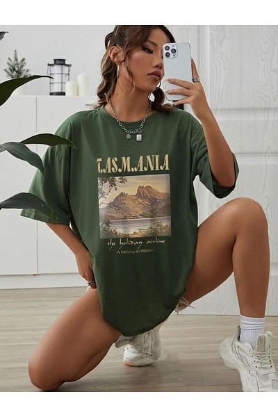 Know Marineblaues, bedrucktes Oversize-T-Shirt „Tasmania“ für Damen