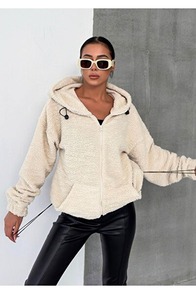 Know Béžový dámský oversize plyšový kardigan s kapucí