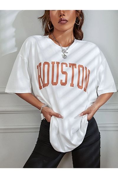 Know Γυναικείο μπλουζάκι White Houston με στάμπα oversize