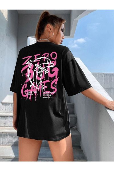 Know Women's Black Zero Bug Games Printed Oversize Crew Neck T-Shirt