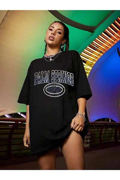 Know Tricou oversize cu imprimeu negru Palm Springs pentru femei