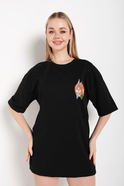 Know Bugs Bunny Printed Black Oversize T-Shirt