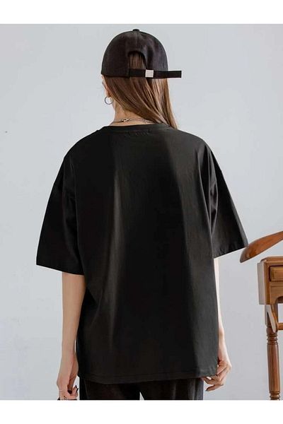 Know Tricou oversize pentru femei cu imprimeu Black Red Heart World