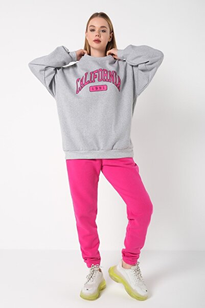 Know Γυναικεία 3 κλωστές γκρι ροζ Καλιφόρνια 1991 Σετ φόρμας με στάμπα oversize στο κάτω μέρος