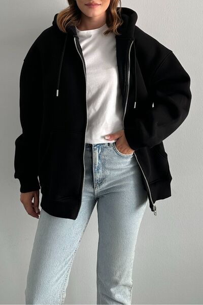 macharel jeans Hanorac negru supradimensionat cu glugă - 3 fire ridicate, fermoar metalic
