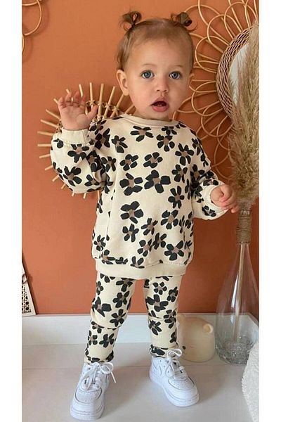 Monila New Season Girl's Floral Patterned Cotton Sweatshirt and Leggings Set - 3 Thread
