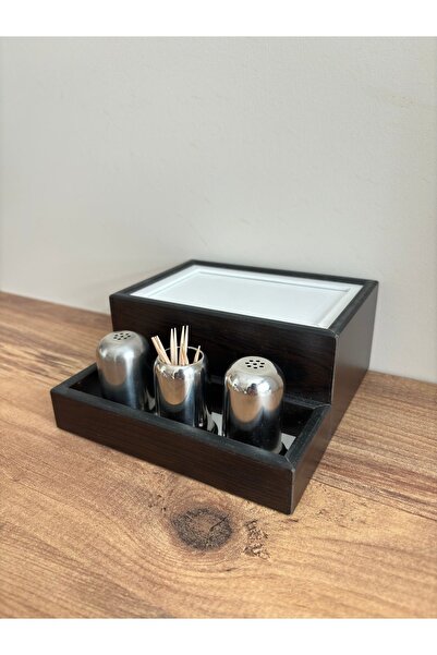 Mimoza Baharatlık Bölmeli Ahşap Masaüstü Peçetelik 24 Adet Restaurant Dispens...